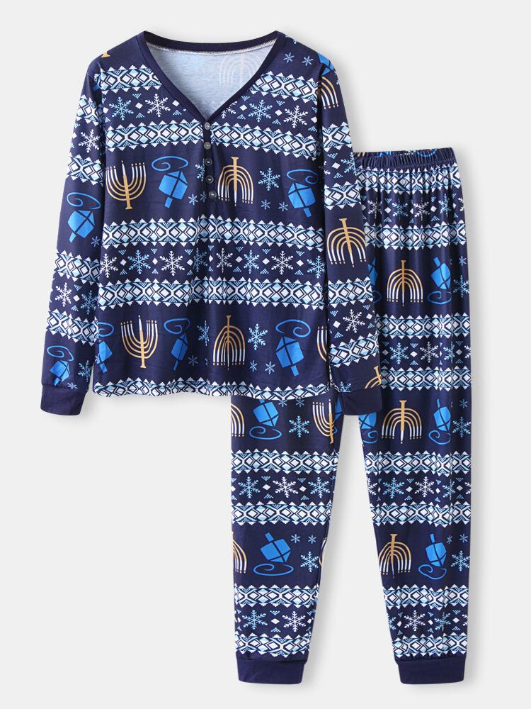 Dam Julstil Tryck V-ringad Långärmad Pullover Lösa Byxor Tvådelad Pyjamas Set