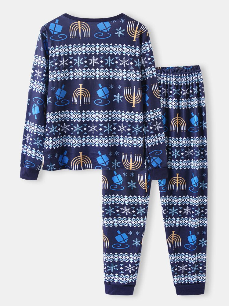 Dam Julstil Tryck V-ringad Långärmad Pullover Lösa Byxor Tvådelad Pyjamas Set