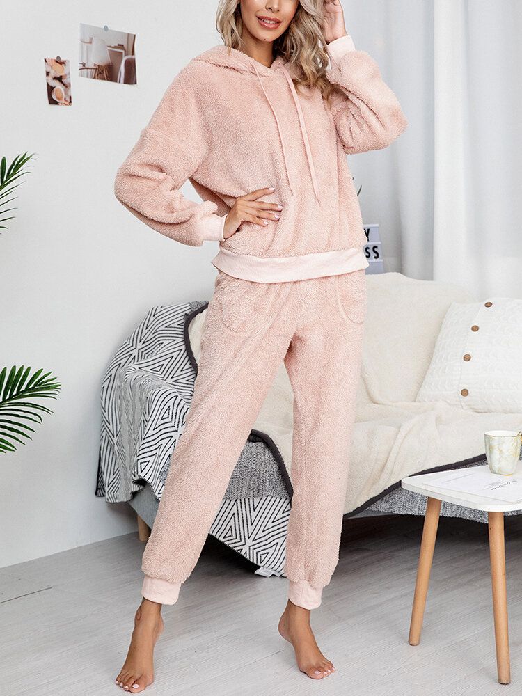 Dam Mjuk Enfärgad Huvtröja Ficka Elastisk Midja Joggerbyxor Hemma Plysch Pyjamas Set