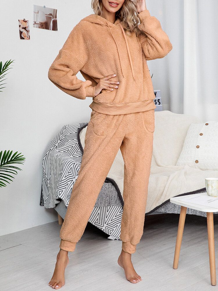 Dam Mjuk Enfärgad Huvtröja Ficka Elastisk Midja Joggerbyxor Hemma Plysch Pyjamas Set