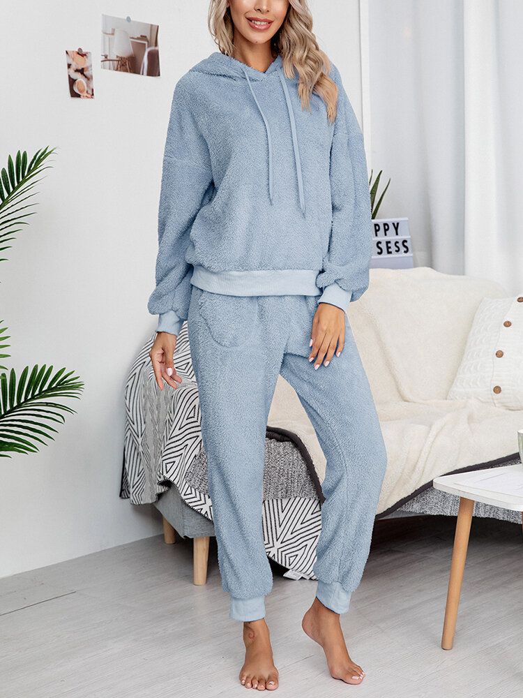 Dam Mjuk Enfärgad Huvtröja Ficka Elastisk Midja Joggerbyxor Hemma Plysch Pyjamas Set