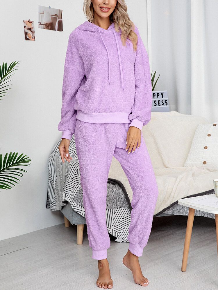 Dam Mjuk Enfärgad Huvtröja Ficka Elastisk Midja Joggerbyxor Hemma Plysch Pyjamas Set