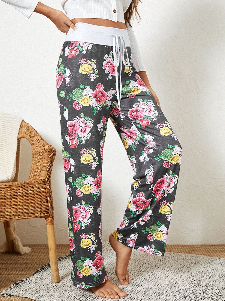 Dam Plus Size Allover Blommor Tryck Dragsko Midja Lös Casual Hemma Pyjamasbyxor