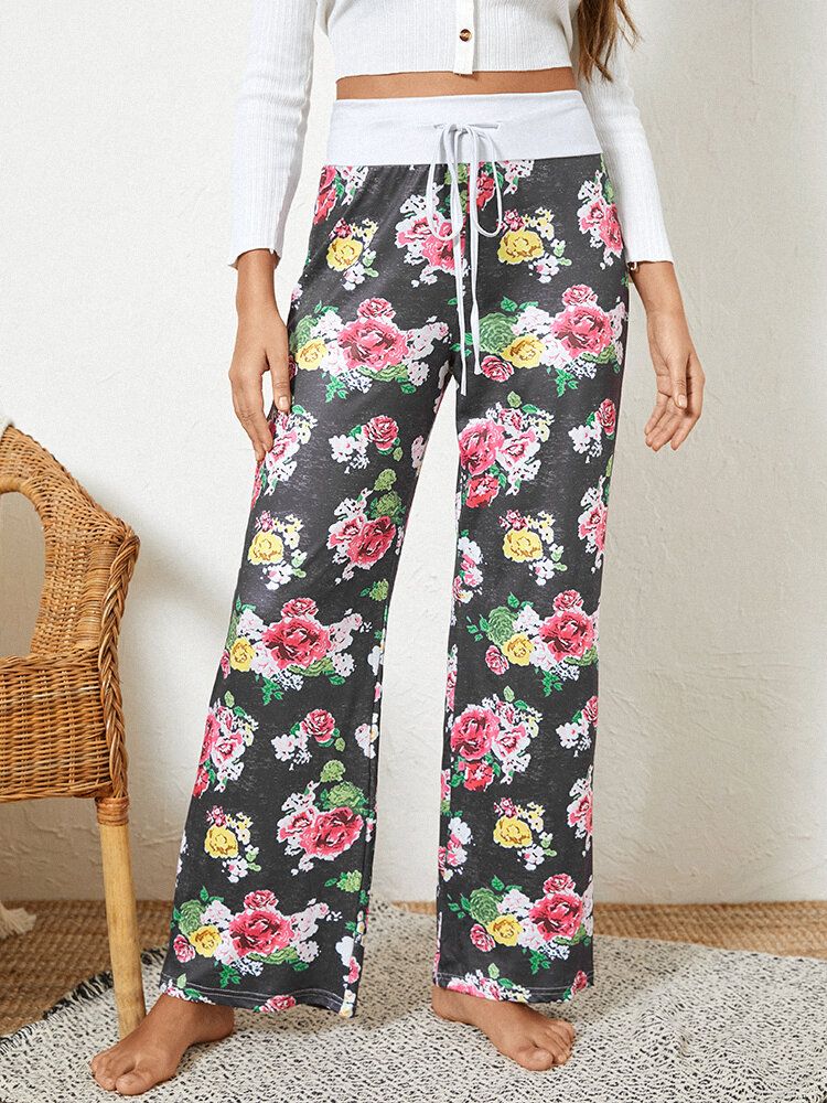 Dam Plus Size Allover Blommor Tryck Dragsko Midja Lös Casual Hemma Pyjamasbyxor