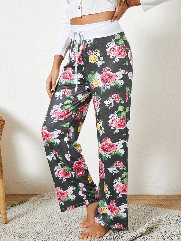 Dam Plus Size Allover Blommor Tryck Dragsko Midja Lös Casual Hemma Pyjamasbyxor