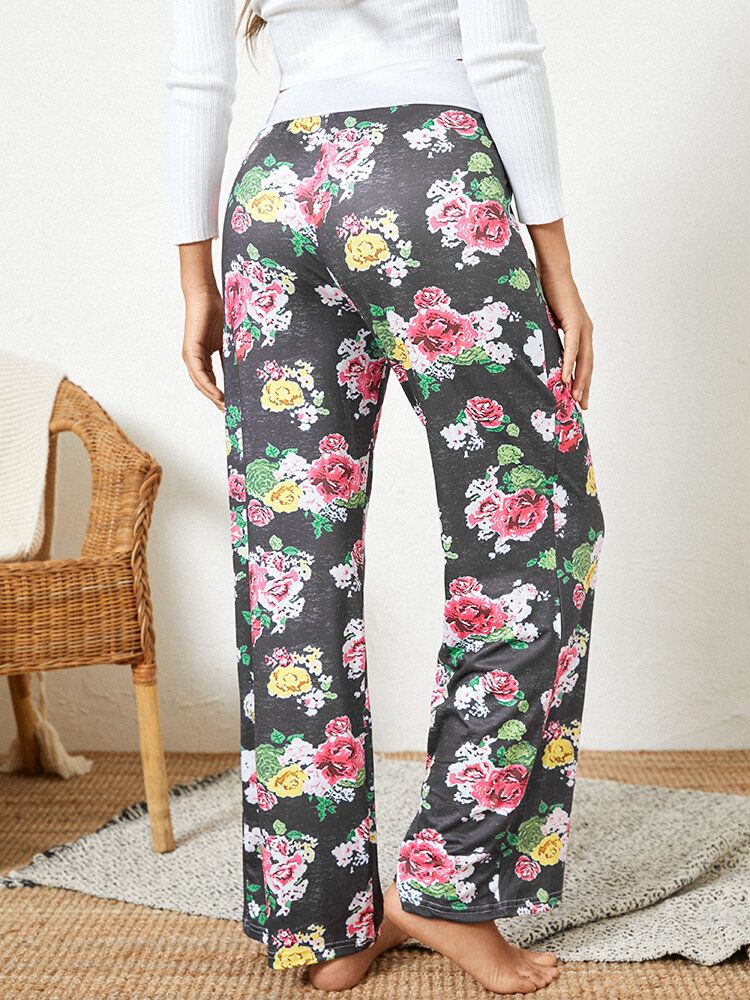 Dam Plus Size Allover Blommor Tryck Dragsko Midja Lös Casual Hemma Pyjamasbyxor