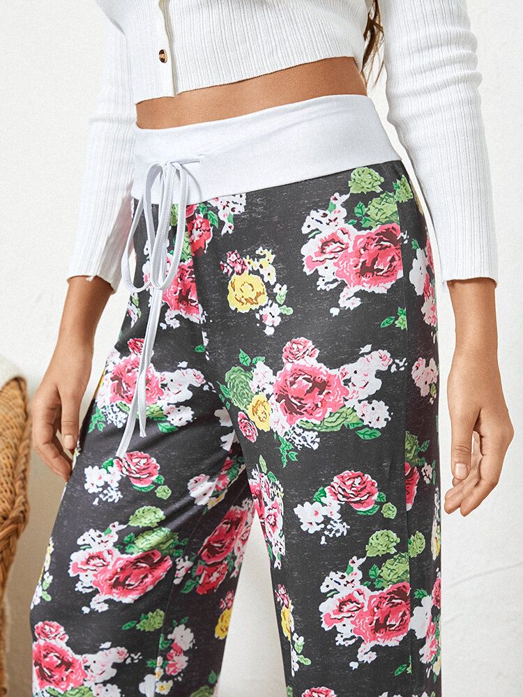 Dam Plus Size Allover Blommor Tryck Dragsko Midja Lös Casual Hemma Pyjamasbyxor