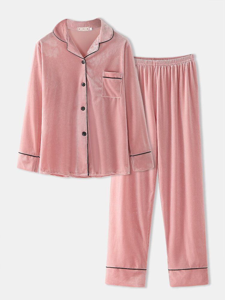 Dam Plus Size Sammetsslagsknapp Lösa Raka Byxor Homewear Lounge Solid Pyjamasset