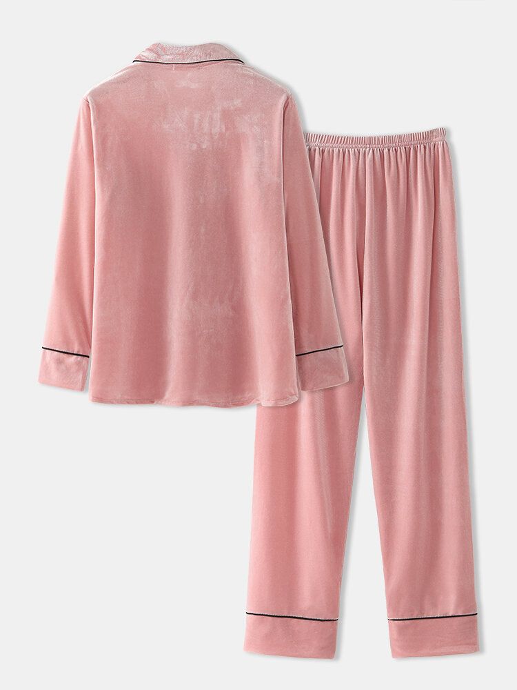 Dam Plus Size Sammetsslagsknapp Lösa Raka Byxor Homewear Lounge Solid Pyjamasset