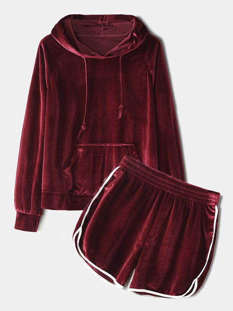 Dam Plus Size Solid Velvet Kangaroo Hoodie Loose Shorts Hem Casual Pyjamas Set