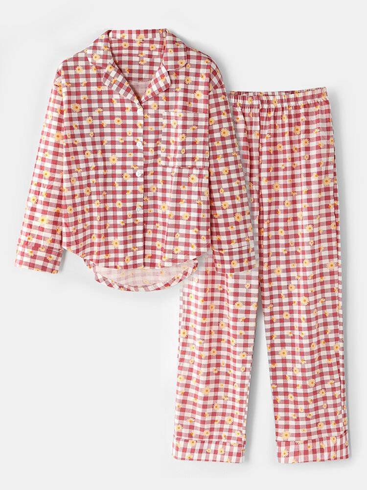 Dam Rutigt Blommönster Revere Collar Skjorta Elastisk Midja Lös Ficka Byxor Pyjamas Set