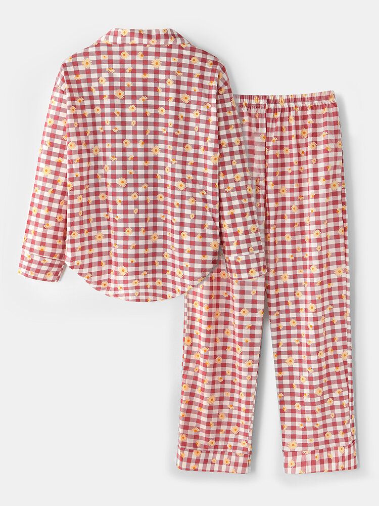 Dam Rutigt Blommönster Revere Collar Skjorta Elastisk Midja Lös Ficka Byxor Pyjamas Set