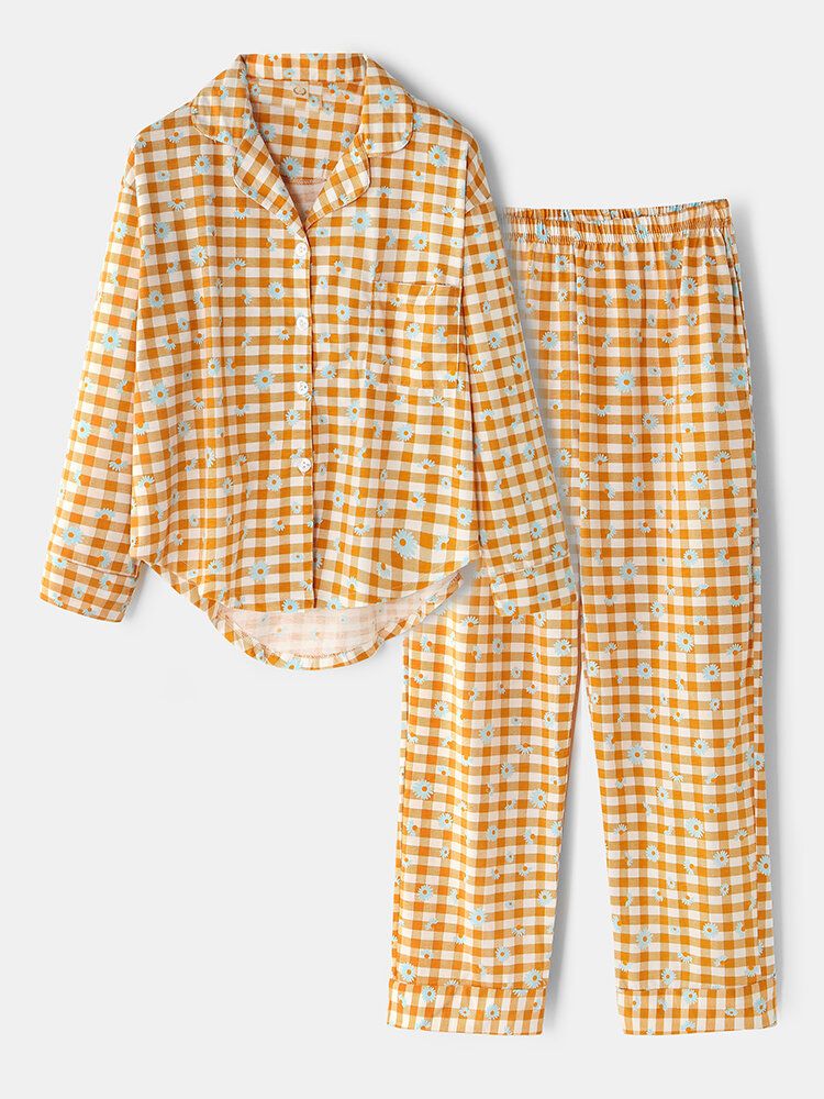 Dam Rutigt Blommönster Revere Collar Skjorta Elastisk Midja Lös Ficka Byxor Pyjamas Set