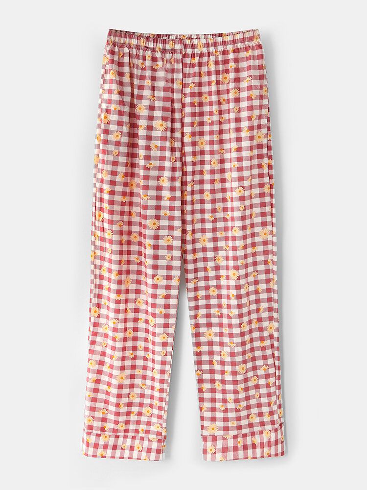 Dam Rutigt Blommönster Revere Collar Skjorta Elastisk Midja Lös Ficka Byxor Pyjamas Set