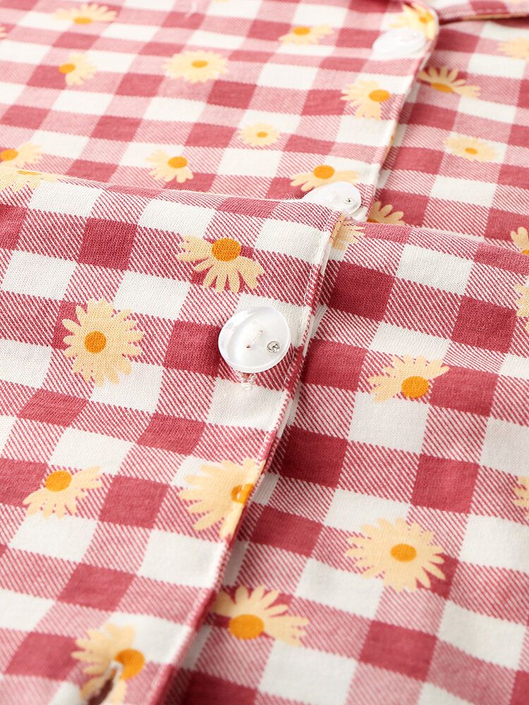 Dam Rutigt Blommönster Revere Collar Skjorta Elastisk Midja Lös Ficka Byxor Pyjamas Set