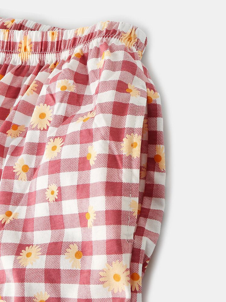 Dam Rutigt Blommönster Revere Collar Skjorta Elastisk Midja Lös Ficka Byxor Pyjamas Set