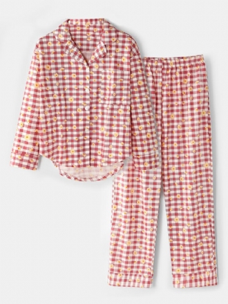 Dam Rutigt Blommönster Revere Collar Skjorta Elastisk Midja Lös Ficka Byxor Pyjamas Set