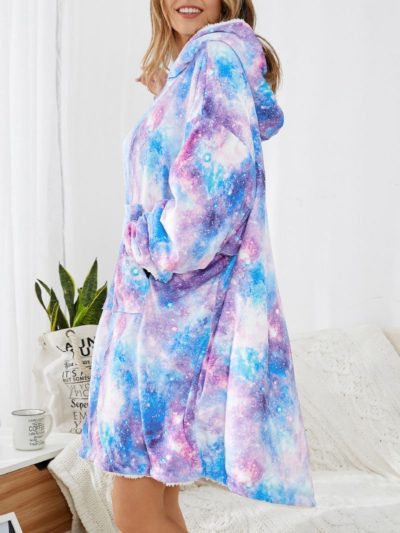 Damdesign Starry Sky Tie Dye Print Oversized Vändbar Homewear Fleecefodrad Vändbar Filt Huvtröja Med Ficka