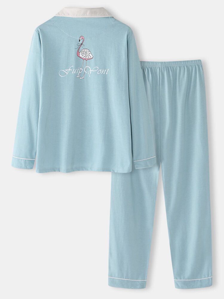 Damer Bomull Flamingo Mönster Solid Långärmad Knapp Tvådelad Plus Size Home Pyjamas Set