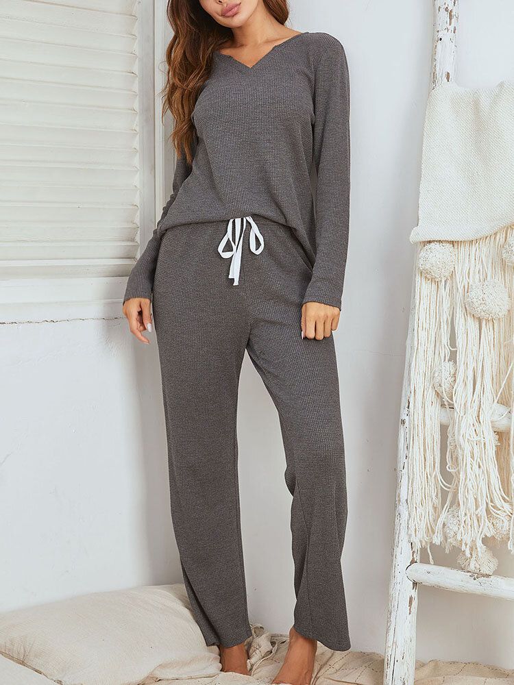 Damer Brief Style Enfärgad Plus Size V-ringad Tvådelad Home Lounge Pyjamas Set