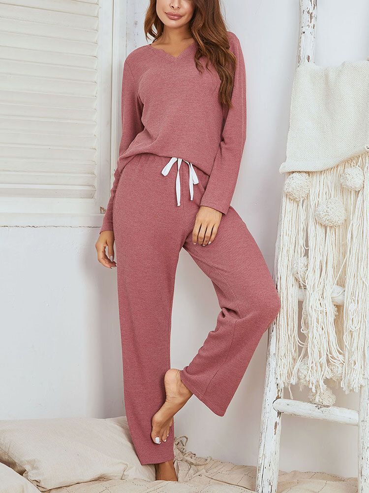 Damer Brief Style Enfärgad Plus Size V-ringad Tvådelad Home Lounge Pyjamas Set