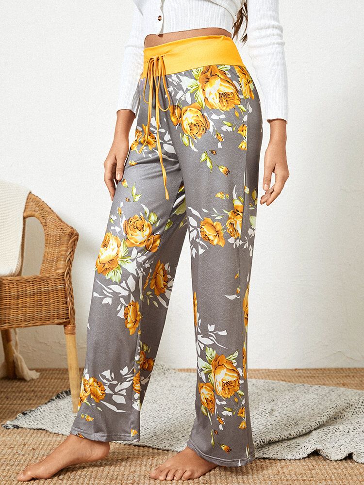 Damer Plus Size Blommor Tryck Dragsko Midja Lös Hem Casual Pyjamasbyxor