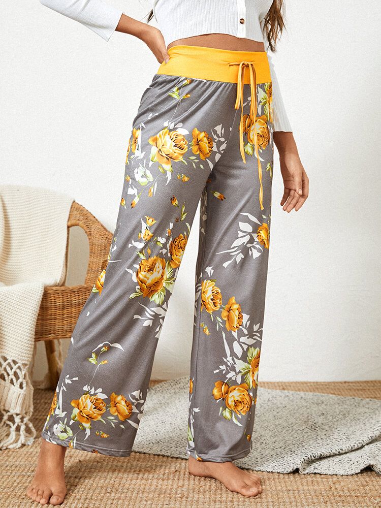 Damer Plus Size Blommor Tryck Dragsko Midja Lös Hem Casual Pyjamasbyxor