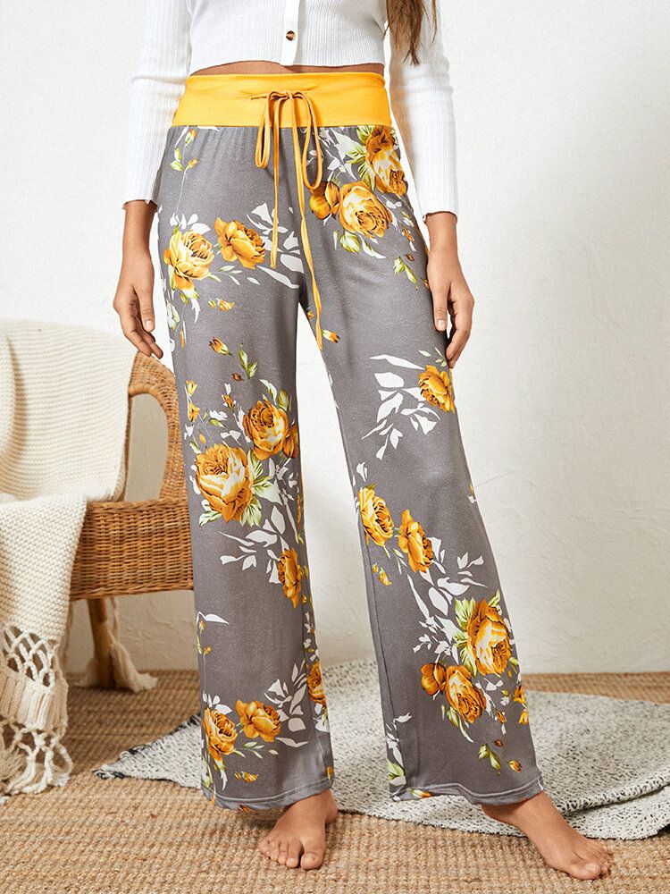 Damer Plus Size Blommor Tryck Dragsko Midja Lös Hem Casual Pyjamasbyxor