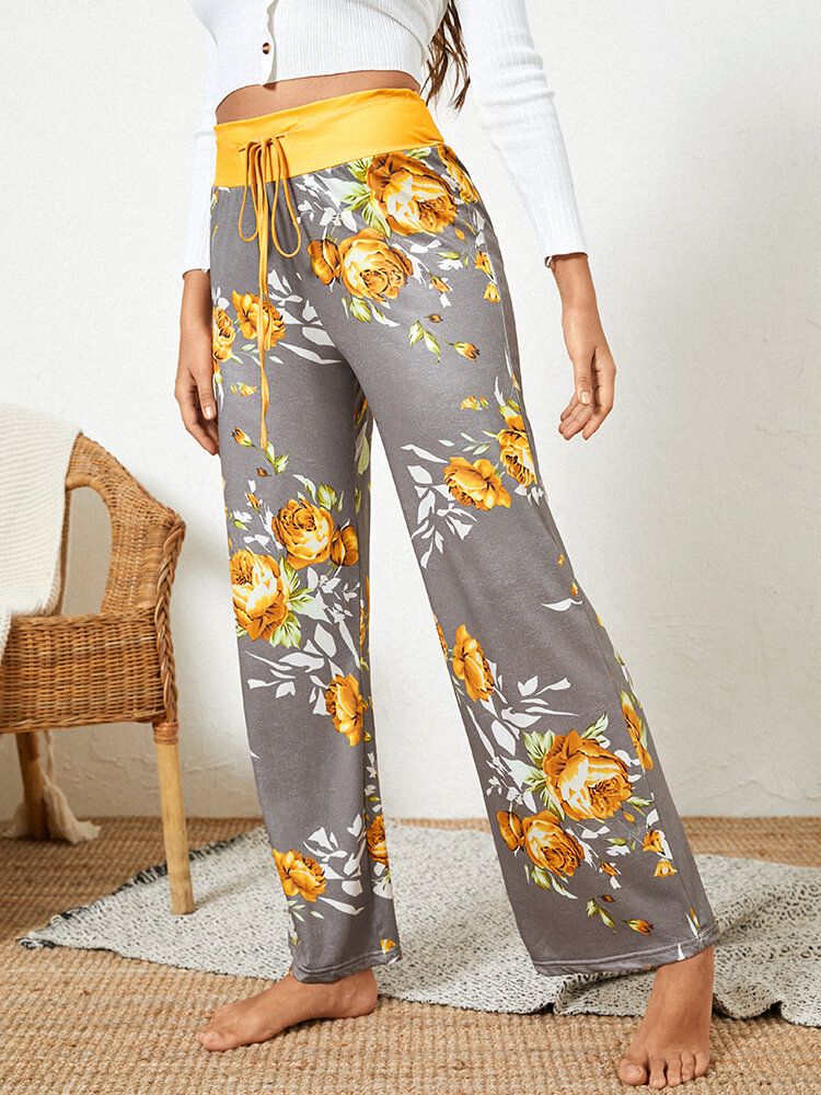 Damer Plus Size Blommor Tryck Dragsko Midja Lös Hem Casual Pyjamasbyxor