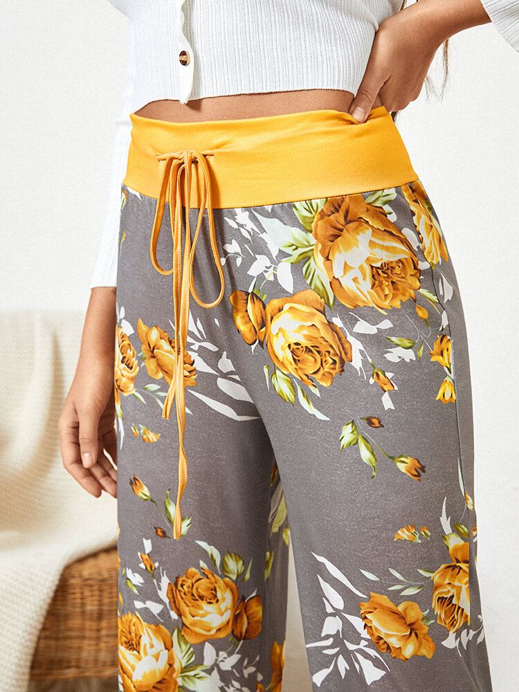 Damer Plus Size Blommor Tryck Dragsko Midja Lös Hem Casual Pyjamasbyxor