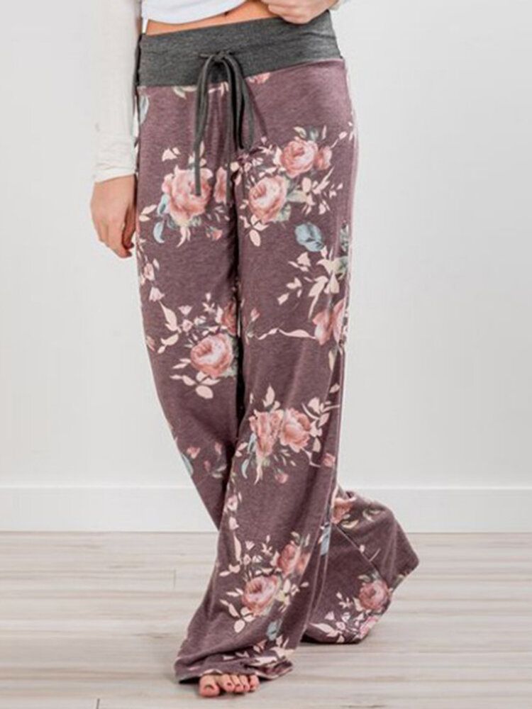 Damer Plus Size Blommor Tryck Dragsko Midja Lös Hem Casual Pyjamasbyxor