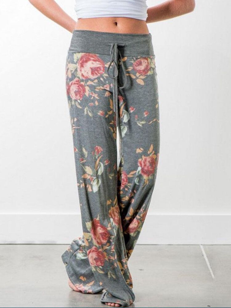 Damer Plus Size Blommor Tryck Dragsko Midja Lös Hem Casual Pyjamasbyxor