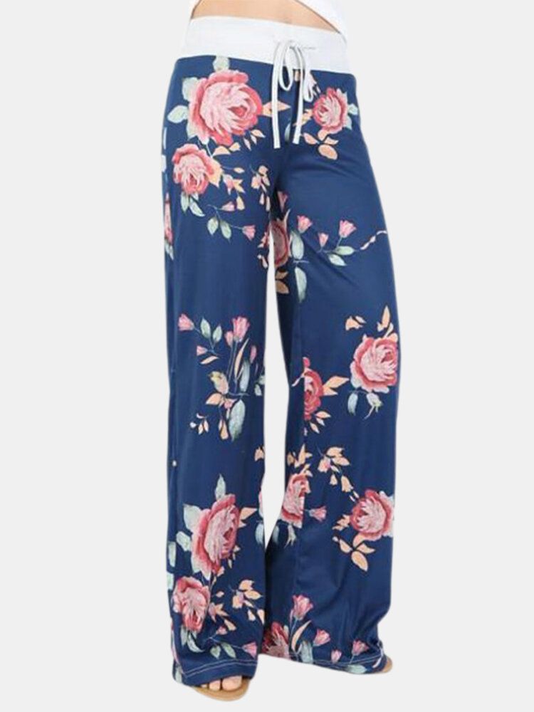 Damer Plus Size Blommor Tryck Dragsko Midja Lös Hem Casual Pyjamasbyxor