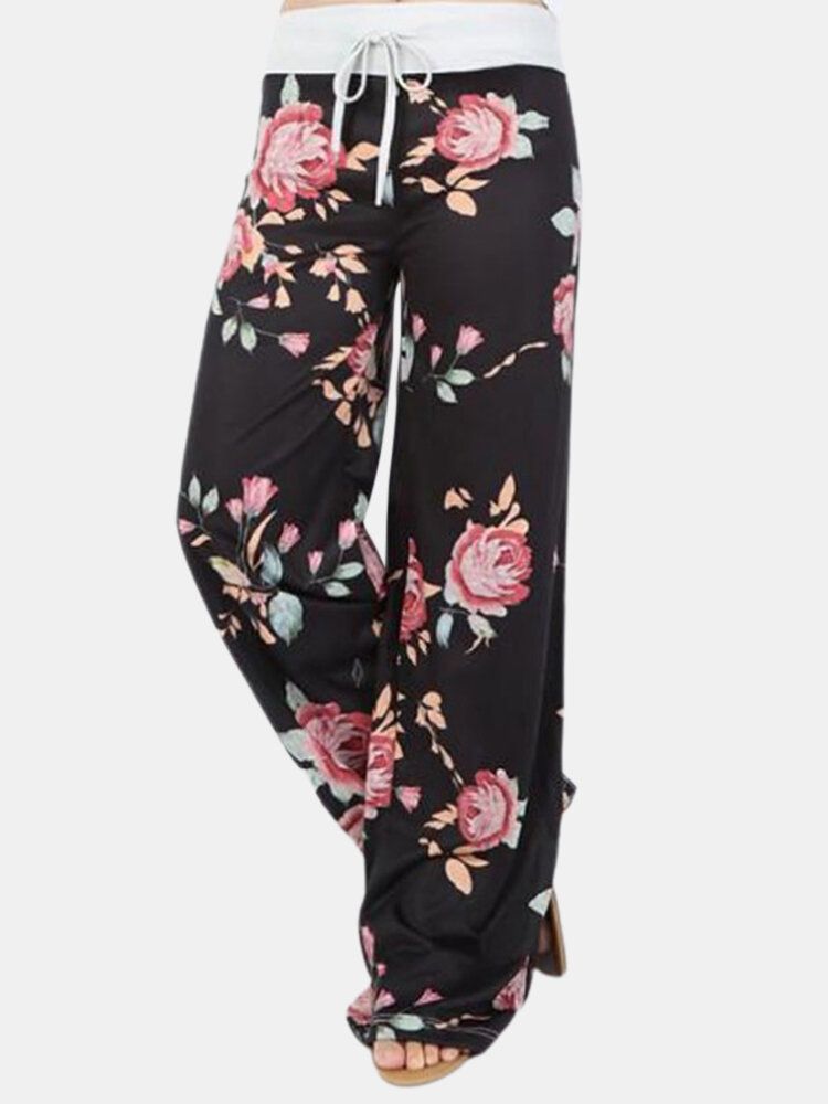 Damer Plus Size Blommor Tryck Dragsko Midja Lös Hem Casual Pyjamasbyxor