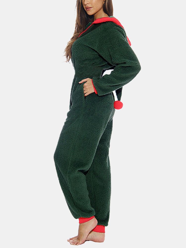 Damer Söt Huva Långärmad Fleece Mysig Varm Enfärgad Nattkläder Jumpsuits