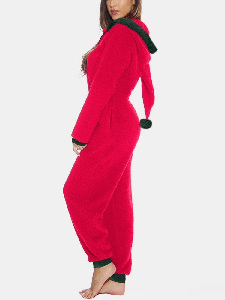 Damer Söt Huva Långärmad Fleece Mysig Varm Enfärgad Nattkläder Jumpsuits