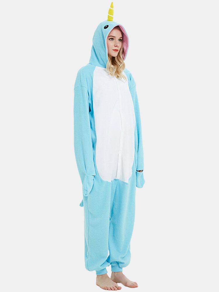 Damer Söt Narwhal Patchwork Fleece Jumpsuit Djur Jumpsuit Med Lösa Huvor