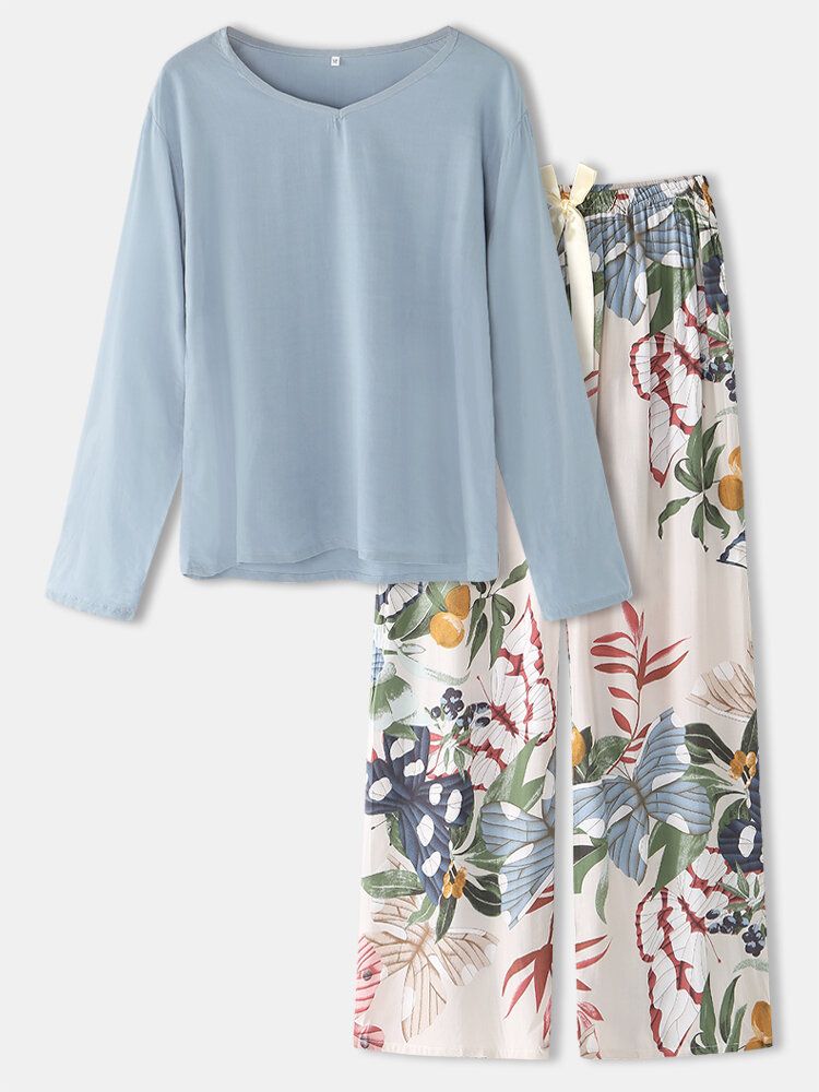 Damfjäril Med Blommönster V-ringad Rosett Bekväm Lång Pyjamasset Loungewear