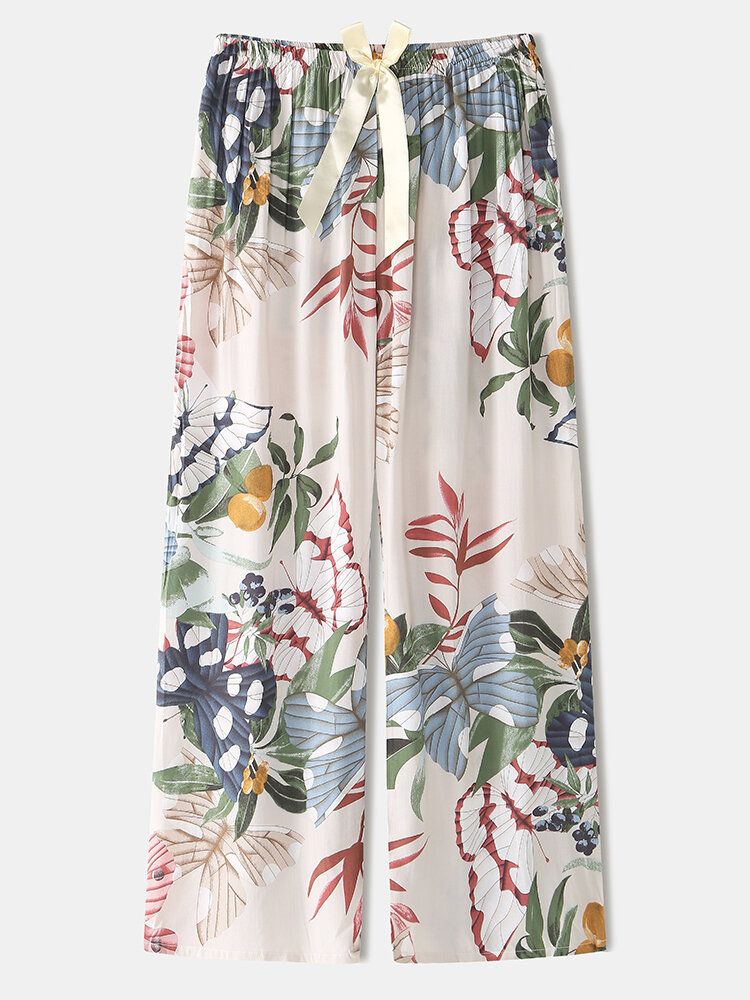 Damfjäril Med Blommönster V-ringad Rosett Bekväm Lång Pyjamasset Loungewear