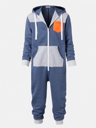 Färgblock För Män Patchwork Dragkedja Hooded Jumpsuit Hem Casual Sovkläder Onesies