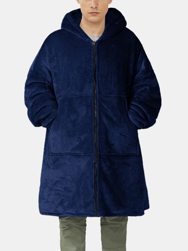 Flanell För Män Varm Mjuk Enfärgad Dragkedja Känguruficka Filt Luvtröja Oversized Hemrockar