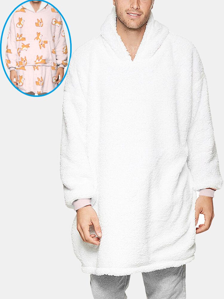 Fleece För Män Med Hundtryck Dubbelsidigt Bärbar Filt Luvtröja Loungewear Med Praktisk Ficka