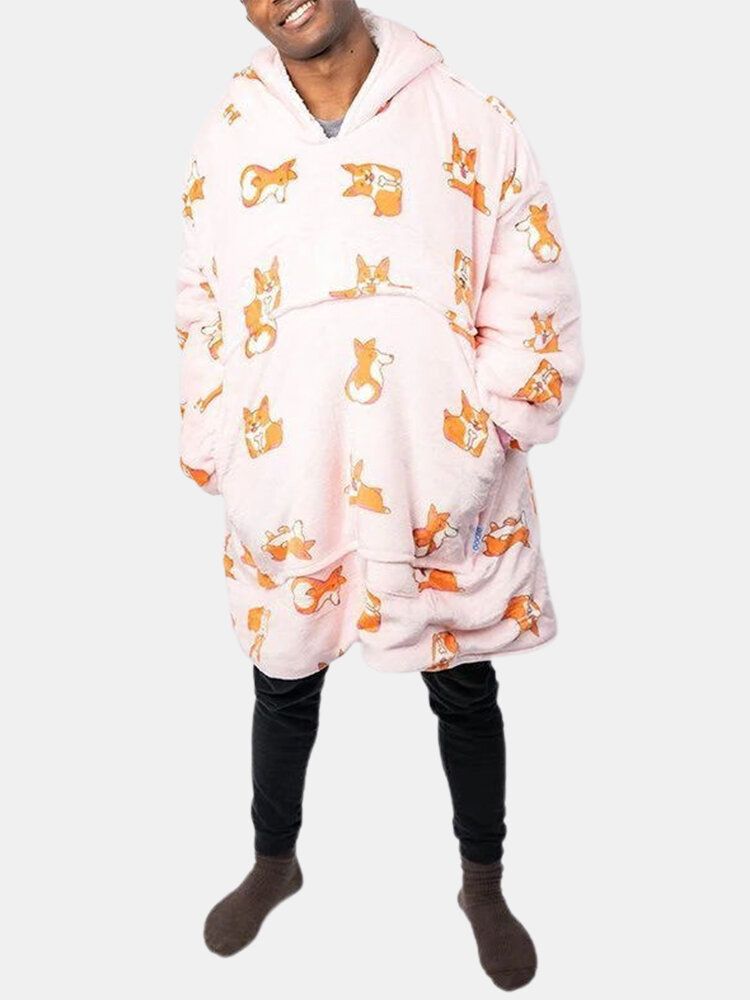 Fleece För Män Med Hundtryck Dubbelsidigt Bärbar Filt Luvtröja Loungewear Med Praktisk Ficka