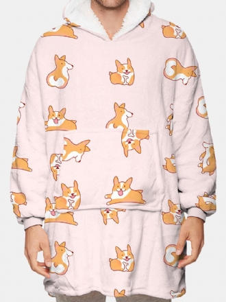 Fleece För Män Med Hundtryck Dubbelsidigt Bärbar Filt Luvtröja Loungewear Med Praktisk Ficka