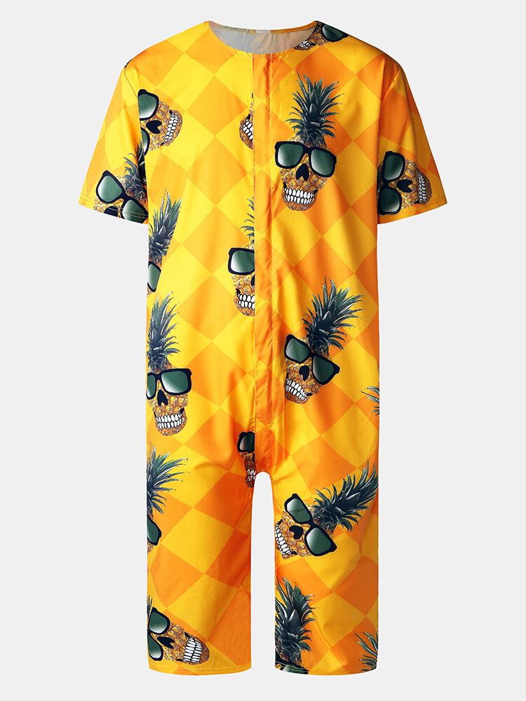 Funny Pineapple För Män \uff06geometriskt Tryck Rundhalsad Kortärmad Casual Rompers Jumpsuits