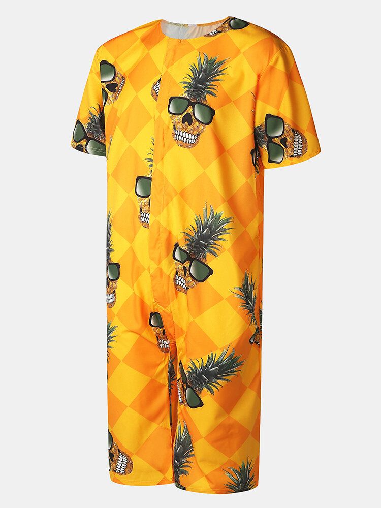 Funny Pineapple För Män \uff06geometriskt Tryck Rundhalsad Kortärmad Casual Rompers Jumpsuits