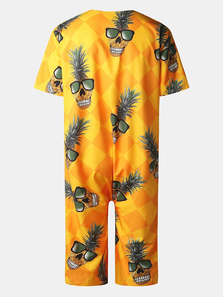 Funny Pineapple För Män \uff06geometriskt Tryck Rundhalsad Kortärmad Casual Rompers Jumpsuits