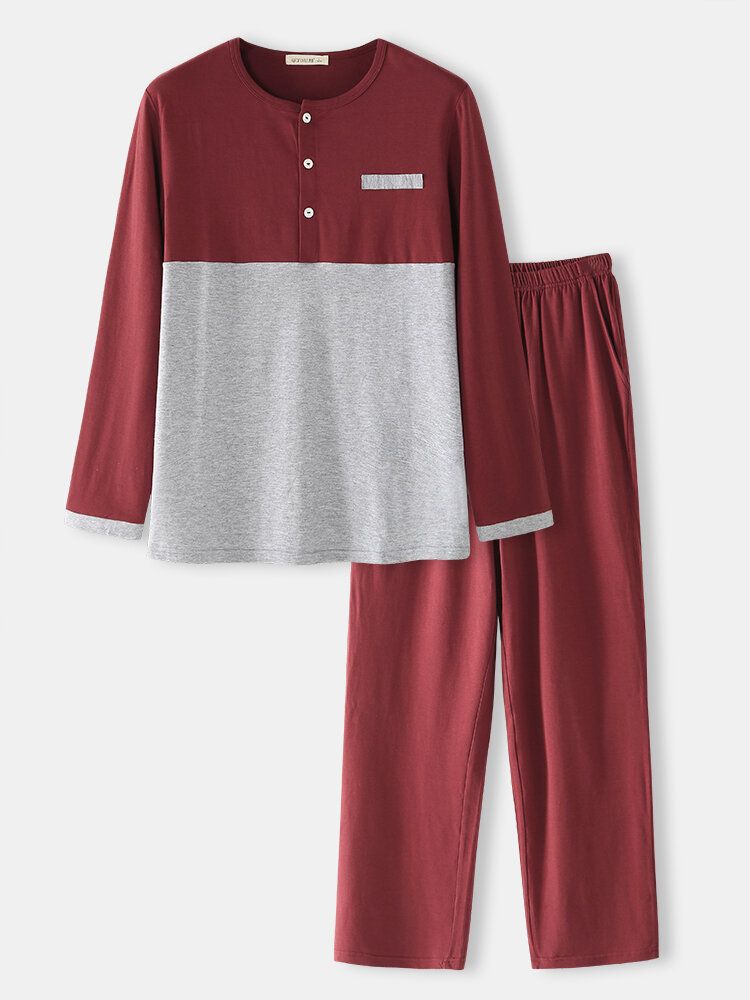 Herr Bomull Färgblock Halv Knapp Lös Hem Casual Varm Långärmad Pyjamasset