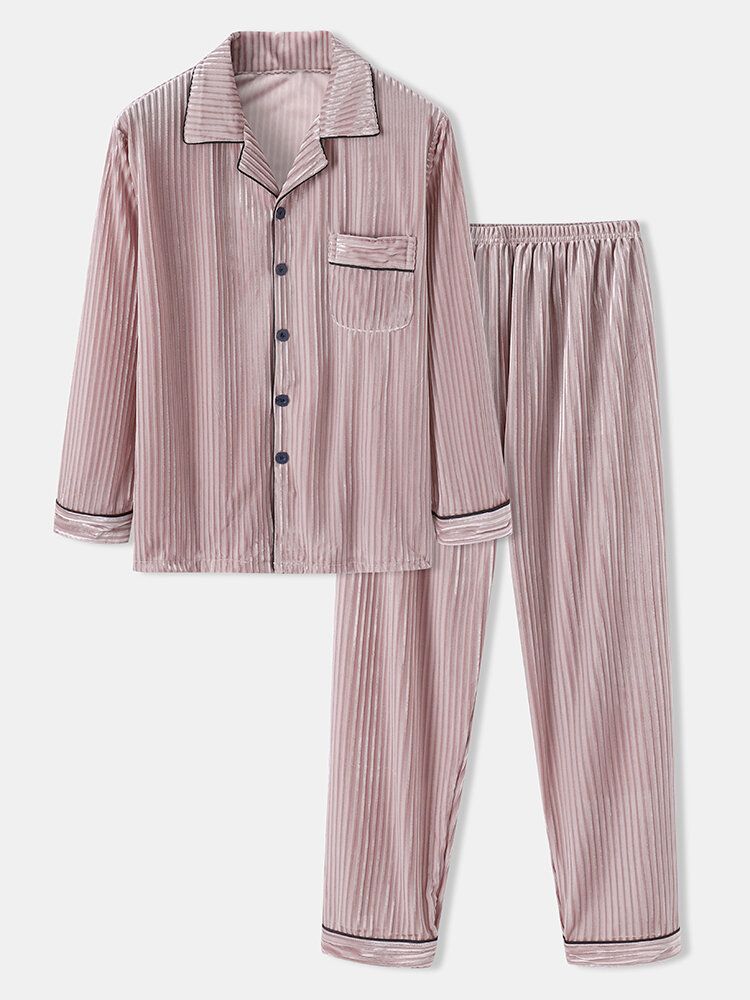 Herr Coral Fleece Lapel Button Up Långärmad Lösbyxa Tvådelad Home Warm Pyjamas Set