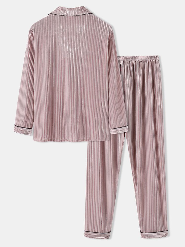 Herr Coral Fleece Lapel Button Up Långärmad Lösbyxa Tvådelad Home Warm Pyjamas Set